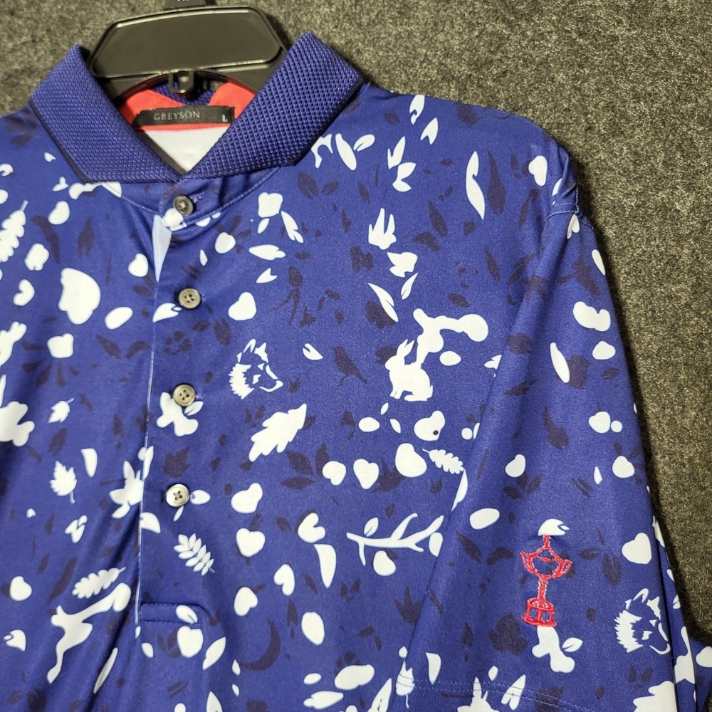 Greyson Mens Wolf Rabbit Woodland Print Golf Polo Shirt Blue Large Trophy Logo